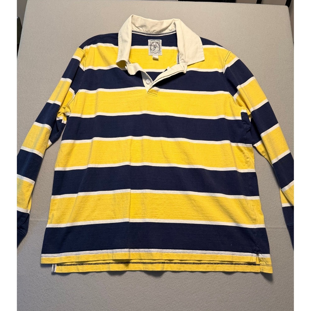 Vintage Lands End Striped Rugby Shirt Long Sleeve Yellow Navy Blue Mens XL